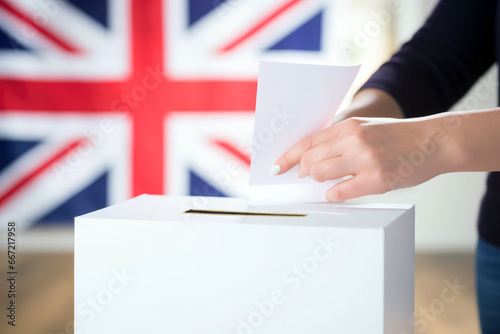 A citizen\'s hand places a ballot paper into the ballot box with the British flag as the backdrop, representing the democratic parliamentary elections in the United Kingdom