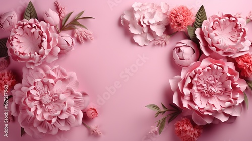  pink flowers on a pink background with leaves and flowers in the middle. generative ai