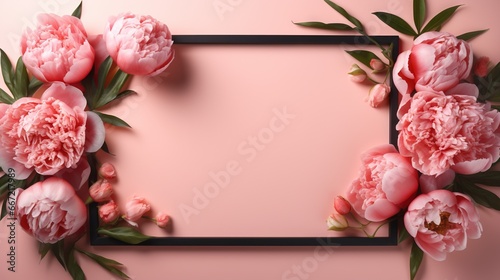  a square frame with pink peonies on a pink background.  generative ai