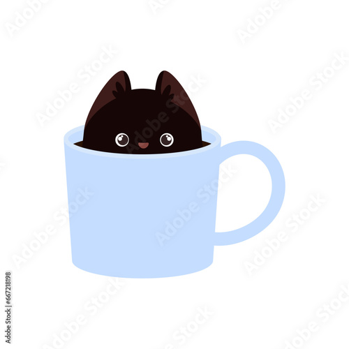 Cute black kawaii cat sitting in a cup of coffee