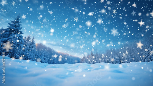 Background image of flying white snowflakes on a snowy blue background. © ArturSniezhyn