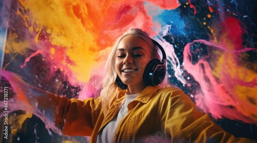 candid an excited DJ young scandinavian woman mixing music at turntables with headphones. beautiful Generative AI AIG32