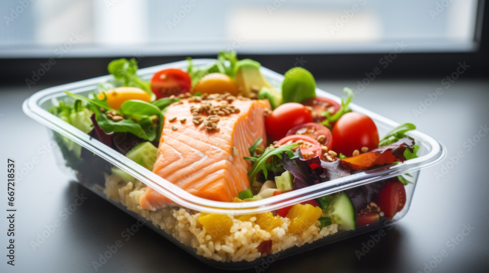 Naklejka premium Lunch box containers with grilled salmon fish fillet, rice and salad