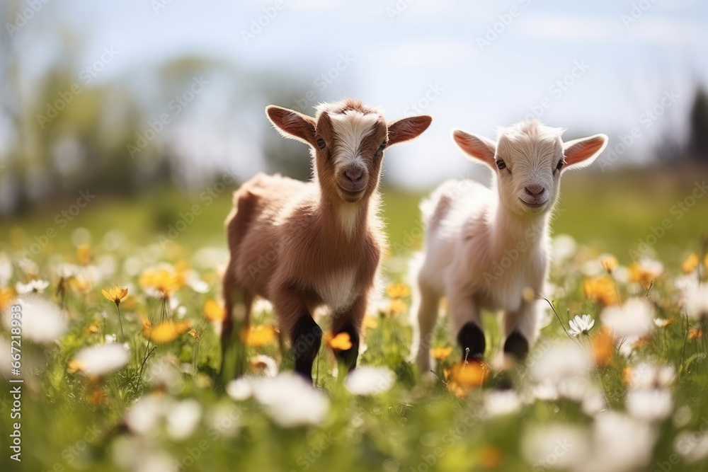 Little funny baby goats in the wild