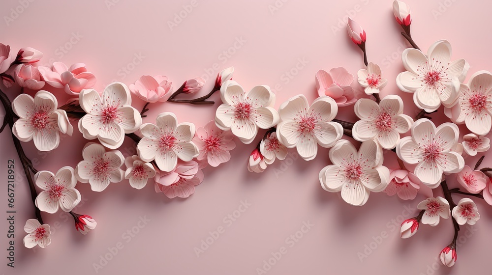  a bunch of pink flowers on a pink background with leaves.  generative ai