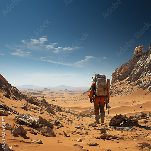 Futuristic landscape with a man in a specialized orange suit for research purposes looking at other worlds on a distant Mars planet. Concept of space tourism for exploration