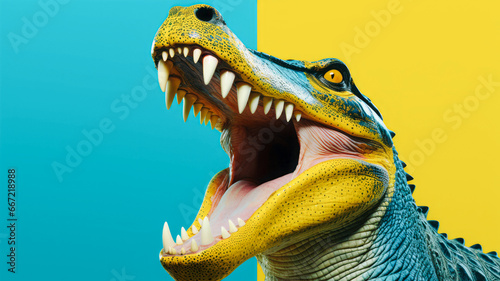 A crocodile with its jaws wide open in vivid colors. Perfect for advertising and announcements. A spacious text banner is located on the left side. © mimi