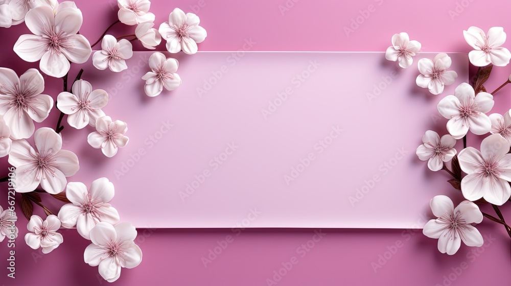a pink background with white flowers and a pink paper sheet. generative ai a pink background with white flowers and a pink paper sheet. generative ai