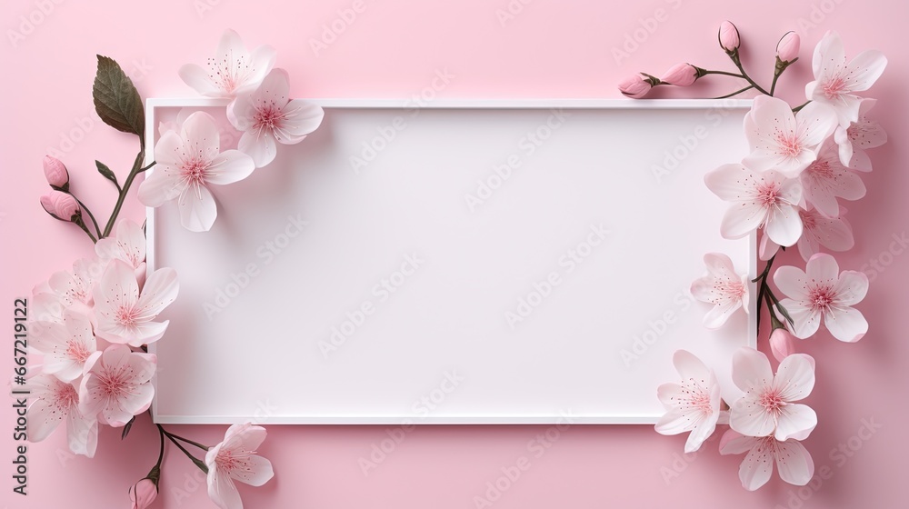  a white square frame with pink flowers on a pink background.  generative ai
