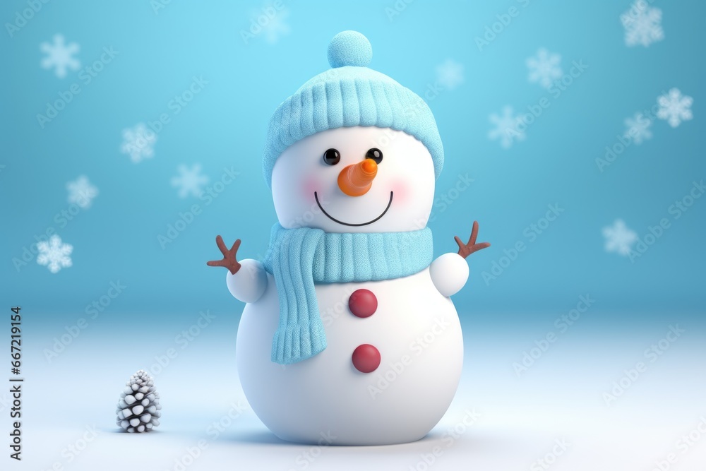 Cute snowman in a hat and scarf. 3d render illustration