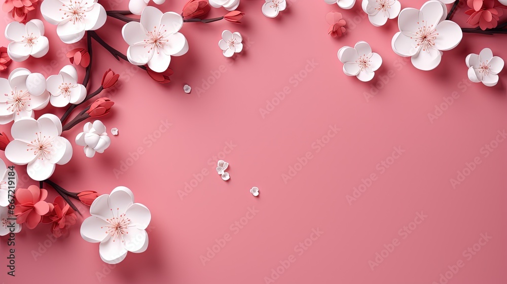  a pink background with white and red flowers on the branches.  generative ai