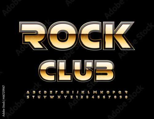 Vector modern emblem Rock Club. Gold and Black stylish Font. Trendy unique Alphabet Letters and Numbers
