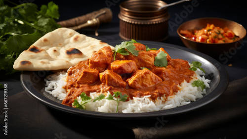 Chicken tikka masala spicy curry meat food with rice and naan bread