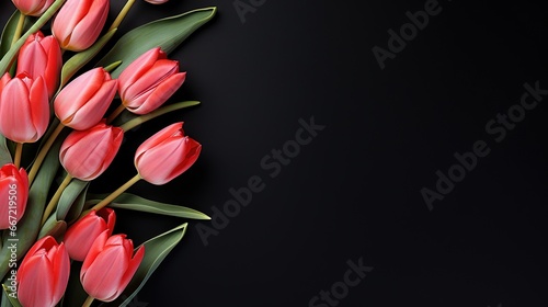  a bouquet of red tulips on a black background.  generative ai © Shanti