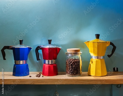 Some coloury moka pots as red blue yellow on the wall shelf, there is coffee beans in jar and its cafe ambiance photo