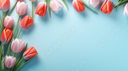  a bunch of pink and white tulips on a blue background. generative ai