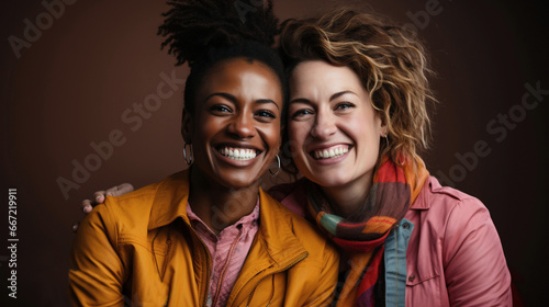 
LGBT young interracial women couple. Portrait of friends. Coworkers. Modern and cheerful thirtysomething women smiling. Background with copy space. photo