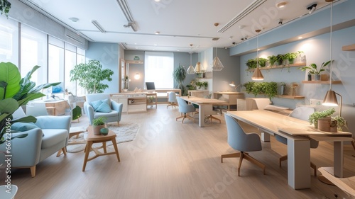 Inspiring office interior design Scandinavian style Corporate Office featuring Natural elements architecture. Generative AI AIG 31. © Summit Art Creations
