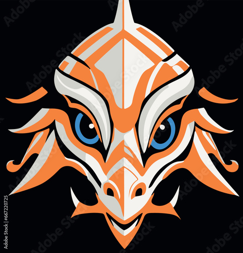 Vector of a dragon's head featuring two piercing blue eyes on a dark background