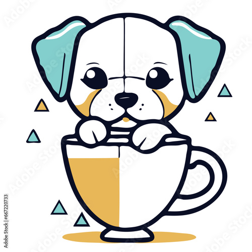 Vector of a cheerful cartoon dog in a cup of coffee while smiling and looking directly at the viewer