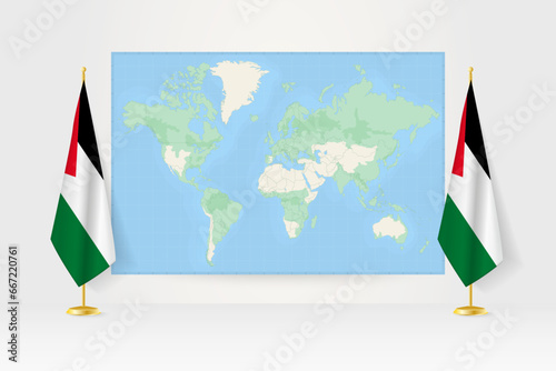 World Map between two hanging flags of Palestine flag stand.