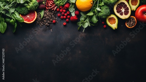  a variety of fruits and vegetables on a black background with space for text.  generative ai