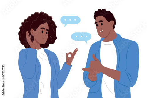 International day of sign languages. A man and a woman with hearing impairment. A pair of deaf and mute people using sign language to communicate.