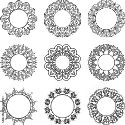Set of nine round frames.  A collection of vector ornaments for decorating mirrors, pictures, title pages, greeting and gift cards.