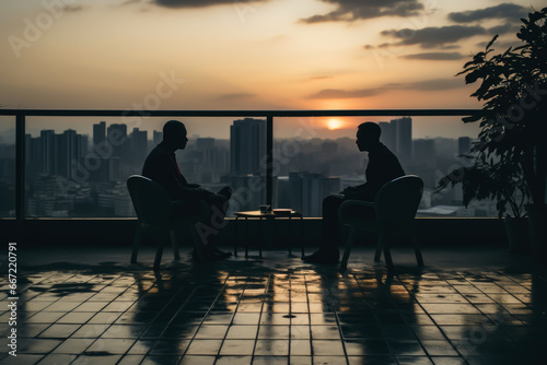two people silhouetted seated facing each other, sunset on a balcony