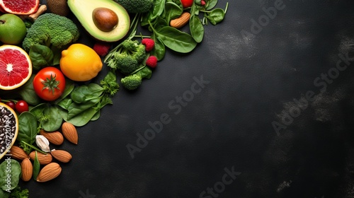  a variety of fruits and vegetables on a black background with space for text. generative ai