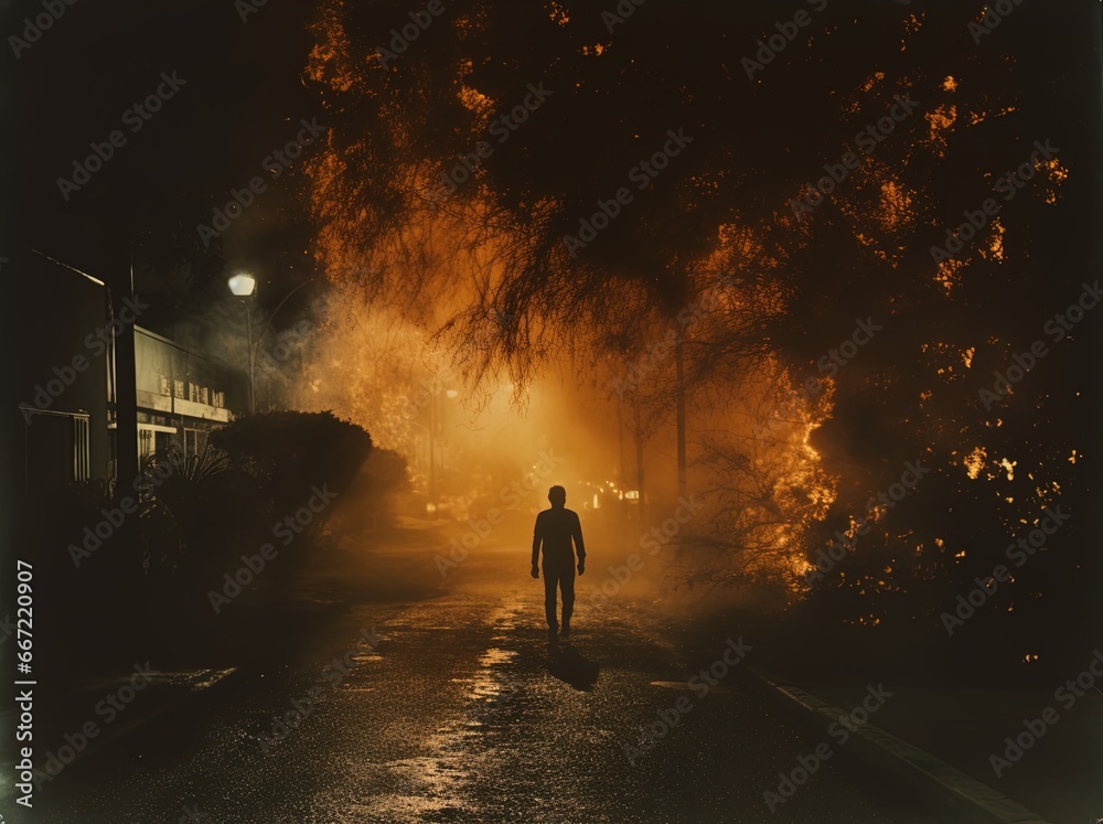 Silhouette of a mysterious person walking on a foggy, dimly lit street at night. Great for stories about crime, suspense, horror, loneliness, mystery, horror and more. Silhouette of a mysterious person walking on a foggy, dimly lit street at night. Great for stories about crime, suspense, horror, loneliness, mystery, horror and more.
