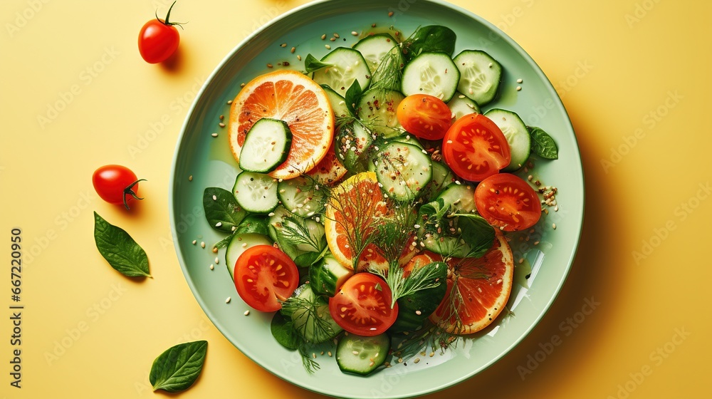 a plate of sliced cucumbers, tomatoes, and other vegetables. generative ai a plate of sliced cucumbers, tomatoes, and other vegetables. generative ai