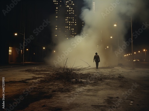 Silhouette of a mysterious person walking on a foggy, dimly lit street at night. Great for stories about crime, suspense, horror, loneliness, mystery, horror and more.  photo