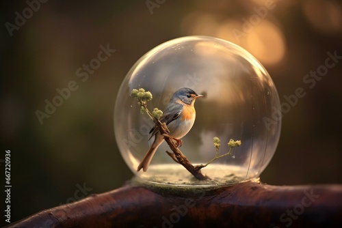 a tranquil scene - a bird perched inside a bubble. Generative AI