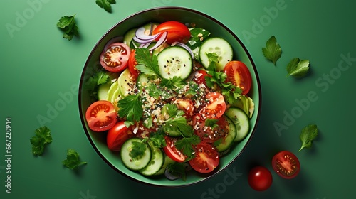  a bowl filled with cucumbers, tomatoes, onions and herbs. generative ai