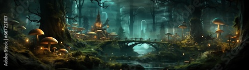 fondo panorámico para doble pantalla o banner de un bosque embrujado con hongos en una noche de fantasía y misterio