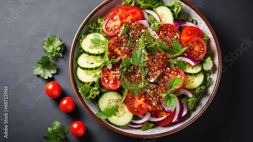  a salad with cucumbers, tomatoes, onions and herbs. generative ai