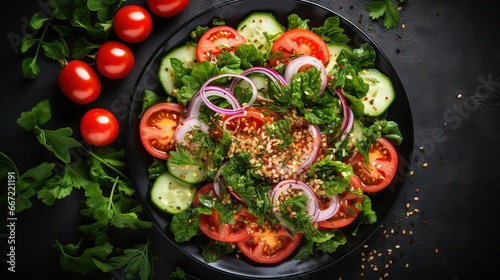  a salad with tomatoes, cucumbers, onions and herbs. generative ai