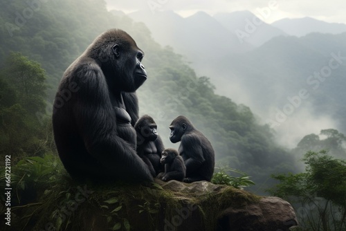 Family of gorillas in the mountains. Generative AI photo