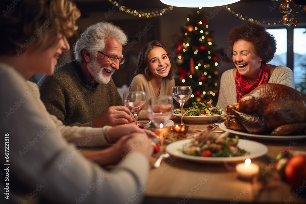 Family celebrating Christmas enjoying dinner