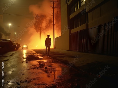 Silhouette of a mysterious person walking on a foggy  dimly lit street at night. Great for stories about crime  suspense  horror  loneliness  mystery  horror and more. 