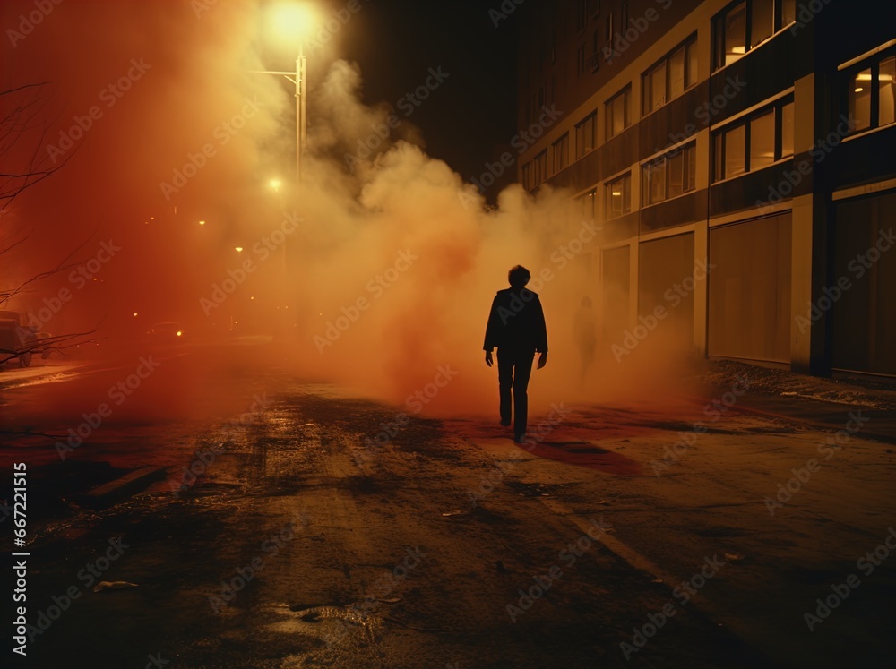 Silhouette of a mysterious person walking on a foggy, dimly lit street at night. Great for stories about crime, suspense, horror, loneliness, mystery, horror and more. 
