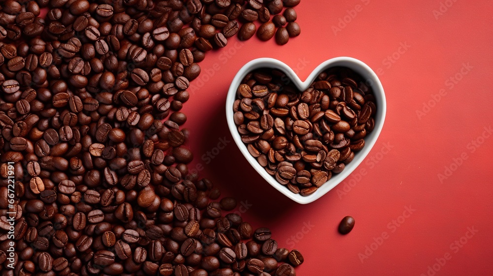 a heart shaped bowl of coffee beans on a red background. generative ai a heart shaped bowl of coffee beans on a red background. generative ai