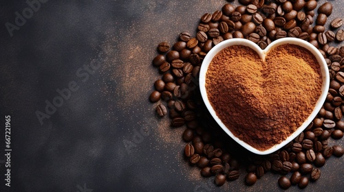  a heart shaped bowl filled with coffee beans on top of a table. generative ai