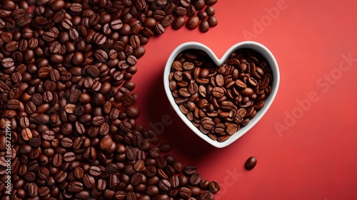  a heart shaped bowl of coffee beans on a red background.  generative ai