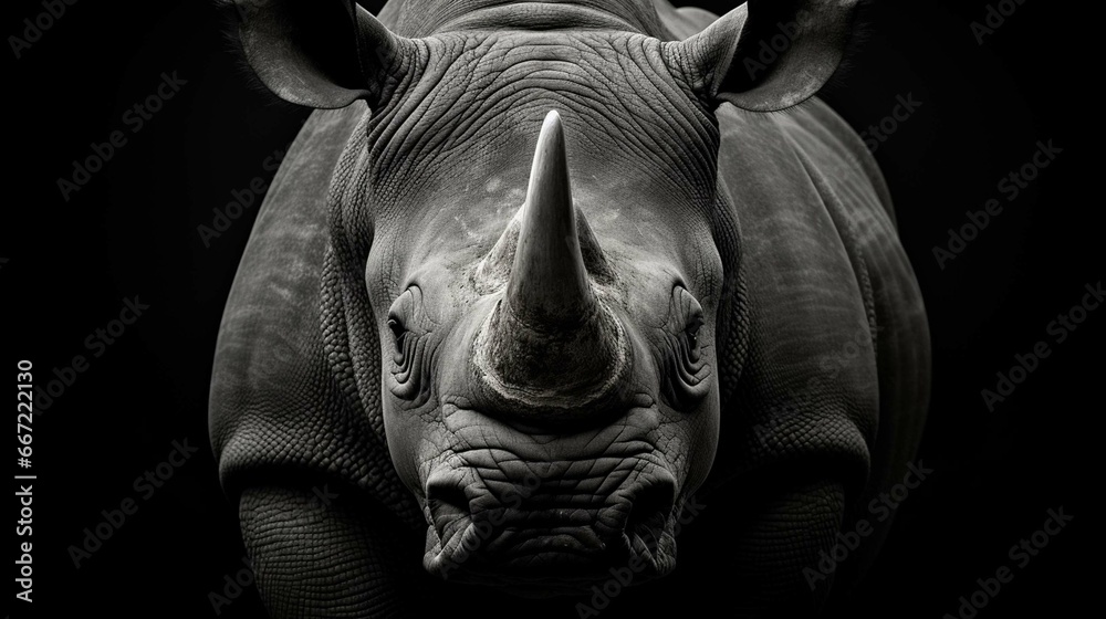Highly alerted rhinoceros monochrome portrait. Fine art