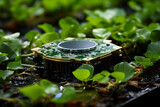 semiconductor, information system board or device in the middle of green plants, closeup