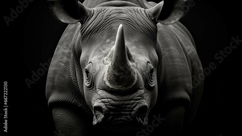 Highly alerted rhinoceros monochrome portrait. Fine art photo