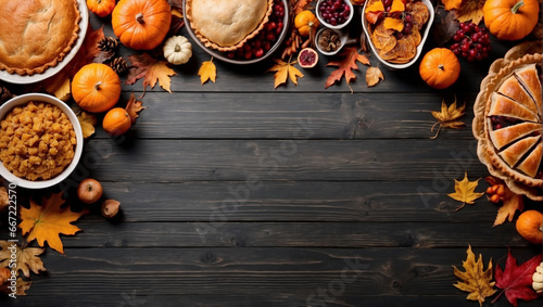 Thanksgiving dinner background with turkey and all sides dishes, pumpkin pie, fall leaves and seasonal autumnal decor on wooden background, top view, copy space.