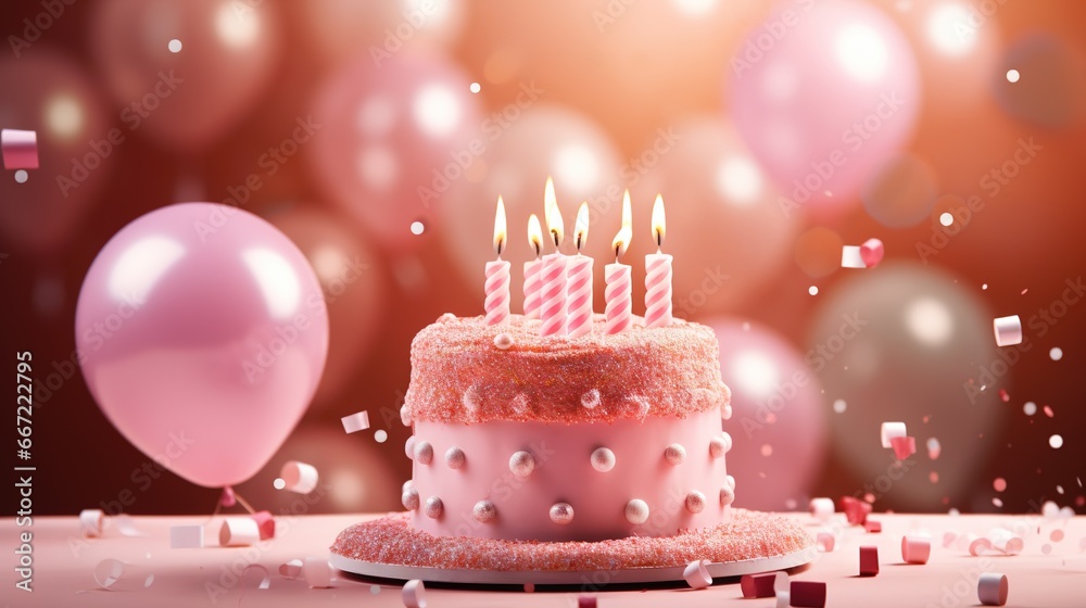a pink birthday cake with candles and balloons in the background. generative ai a pink birthday cake with candles and balloons in the background. generative ai